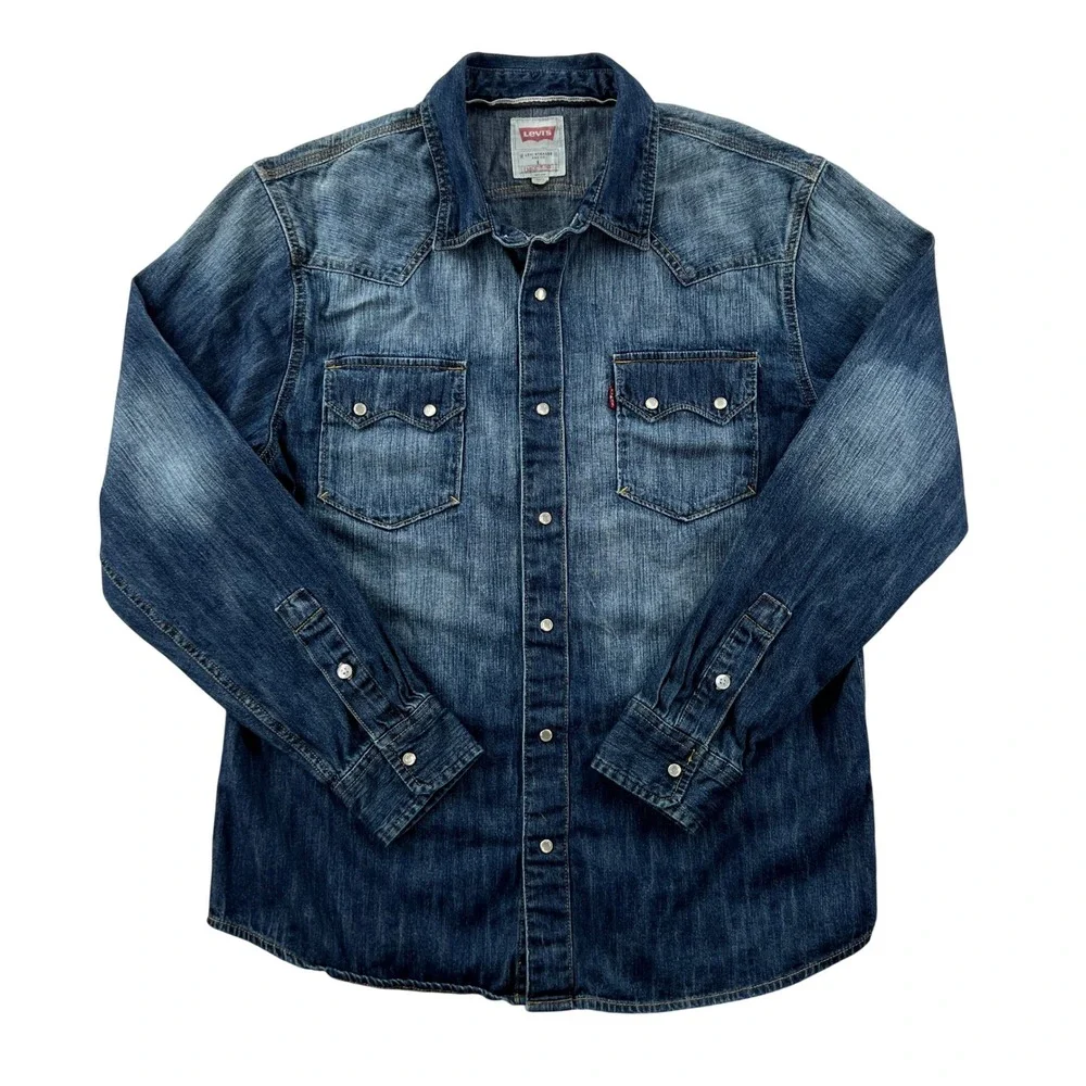 Levis Denim Western Pearl Snap Shirt Mens Large Medium Wash Distressed Sawtooth